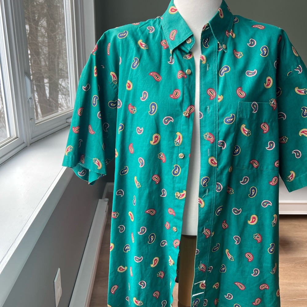 Vintage 90s Green Paisley Button Down - 100% Cotton - Men's Shirt - Size L - Picture 2 of 4